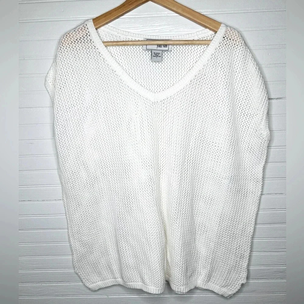 Joan Vass White Open-Knit V-Neck Pullover Oversized Sweater Size 1 8/10